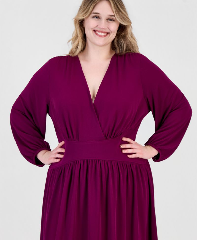 Plus Size Cross Long-Sleeve Fit & Flare Midi Dress