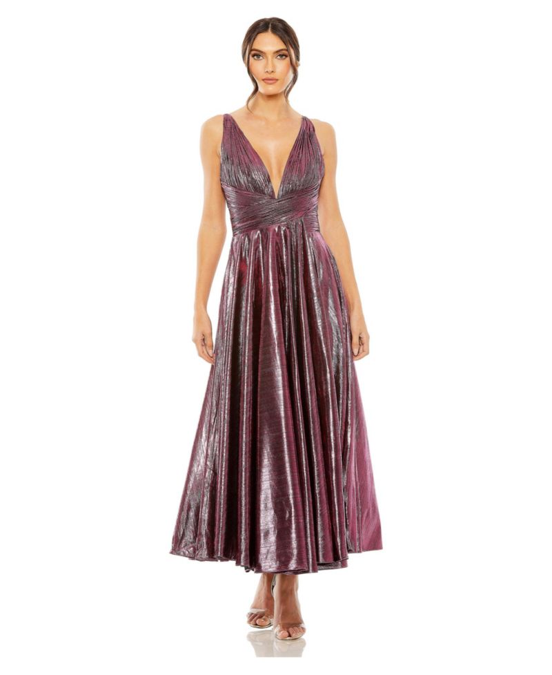 Women's Sleeveless V Neck Pleated Top Metallic Dress