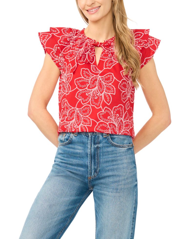 Women's Printed Flutter-Sleeve Tie-Neck Top