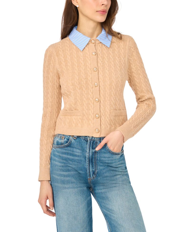 Women's Twofer Cable-Knit Collared Long-Sleeve Cardigan Sweater