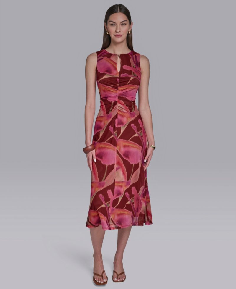 Women's Printed Crewneck Bodycon Keyhole Detail Midi Dress