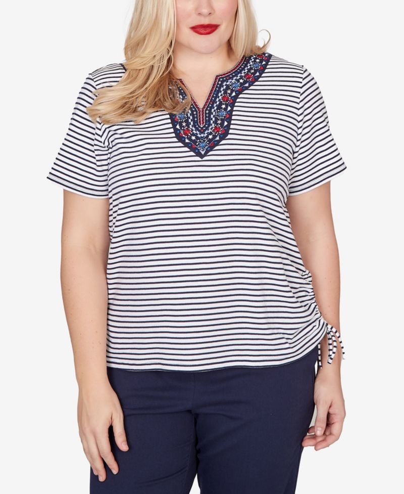 Women's Lady Liberty Embroidered Neck Striped Side Tie Top