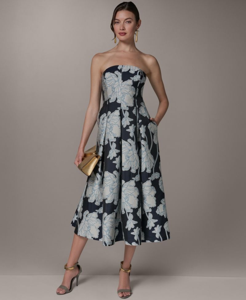 Women's Strapless Jacquard Fit & Flare Floral Midi Dress