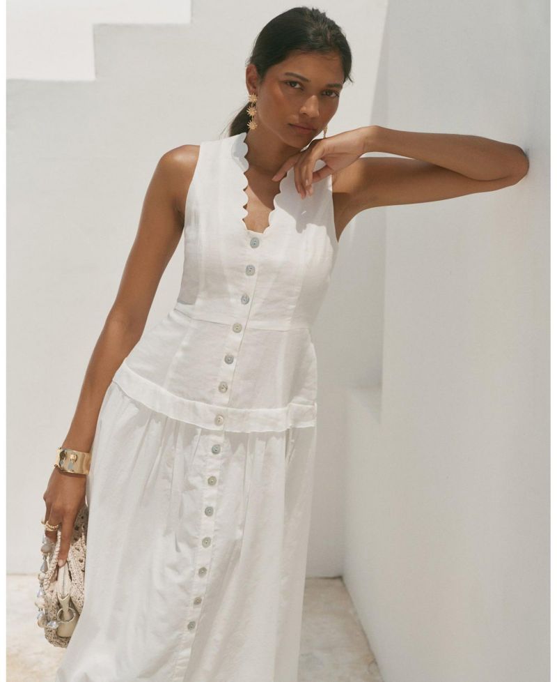 Women's Scalloped Sleeveless Drop-Waist Ramie Maxi Dress