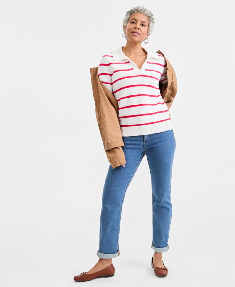 Petite Striped Cotton Elbow-Sleeve Johnny Collar Sweater