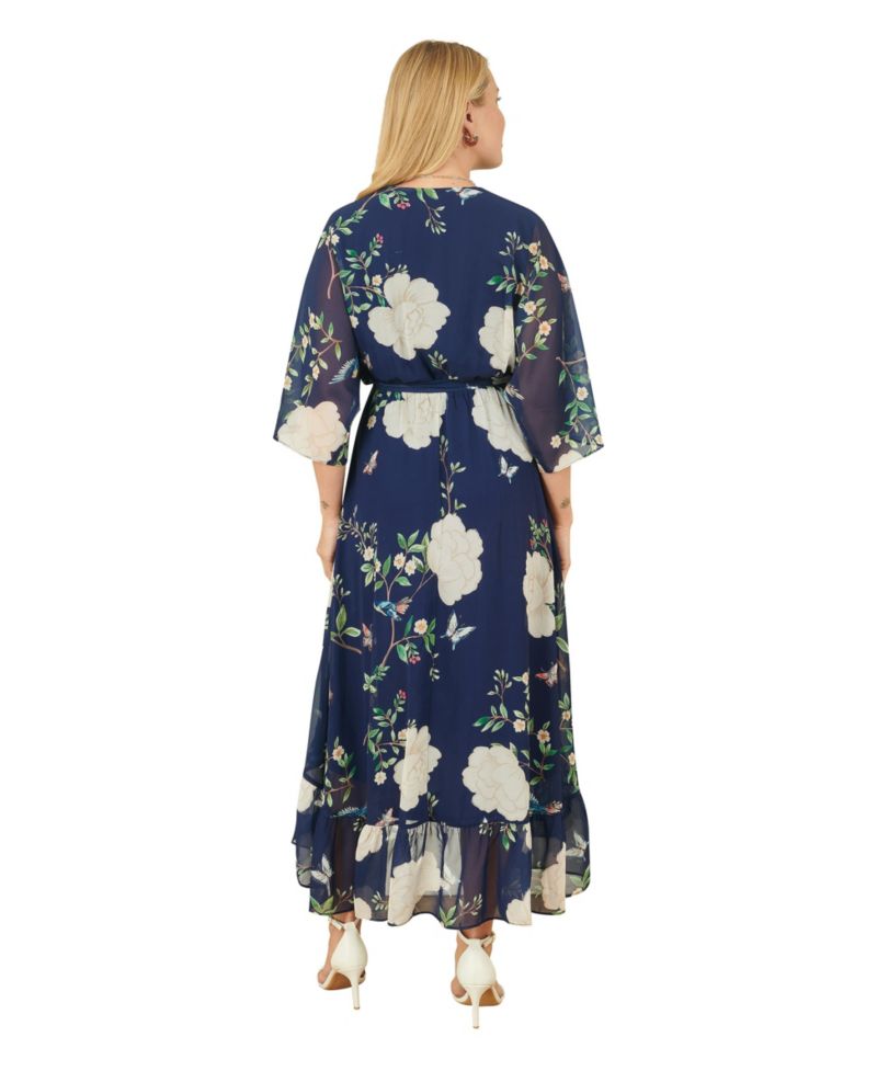 Women's Bird And Floral Print Midi Wrap Dress