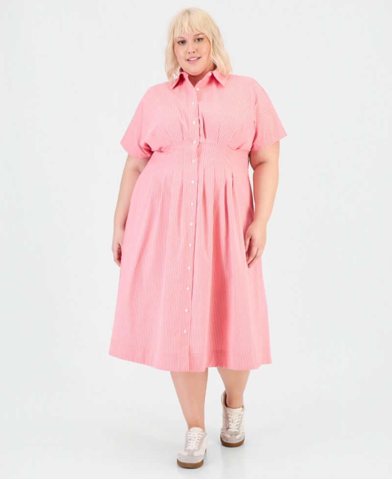 Trendy Plus Size Pinstriped Pleated-Waist Midi Shirtdress