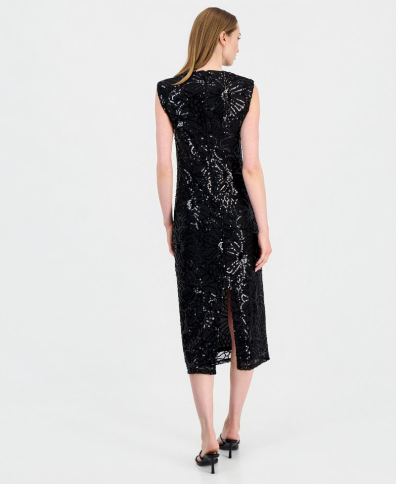 Women's Sleeveless Floral-Sequin Draped-Neck Midi Dress