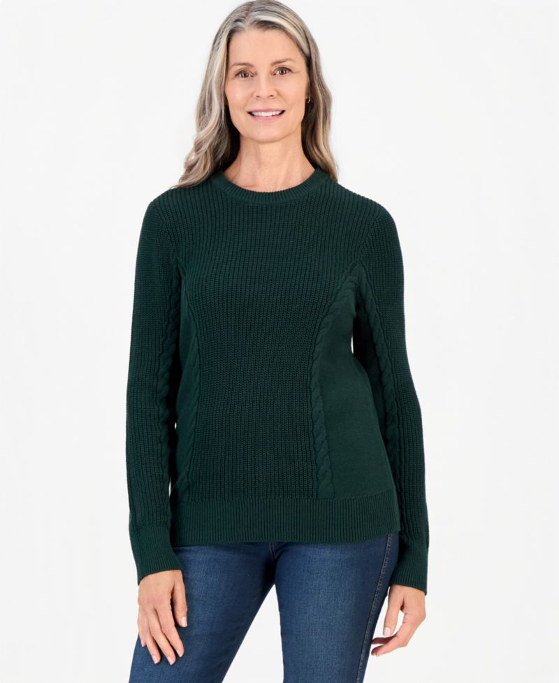 Petite Mixed Rib Cable-Knit Cotton Crewneck Pullover