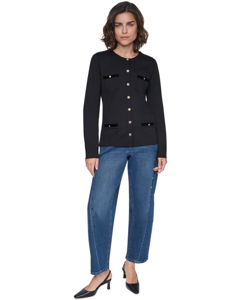 Petite Long-Sleeve Button-Up Crewneck Top