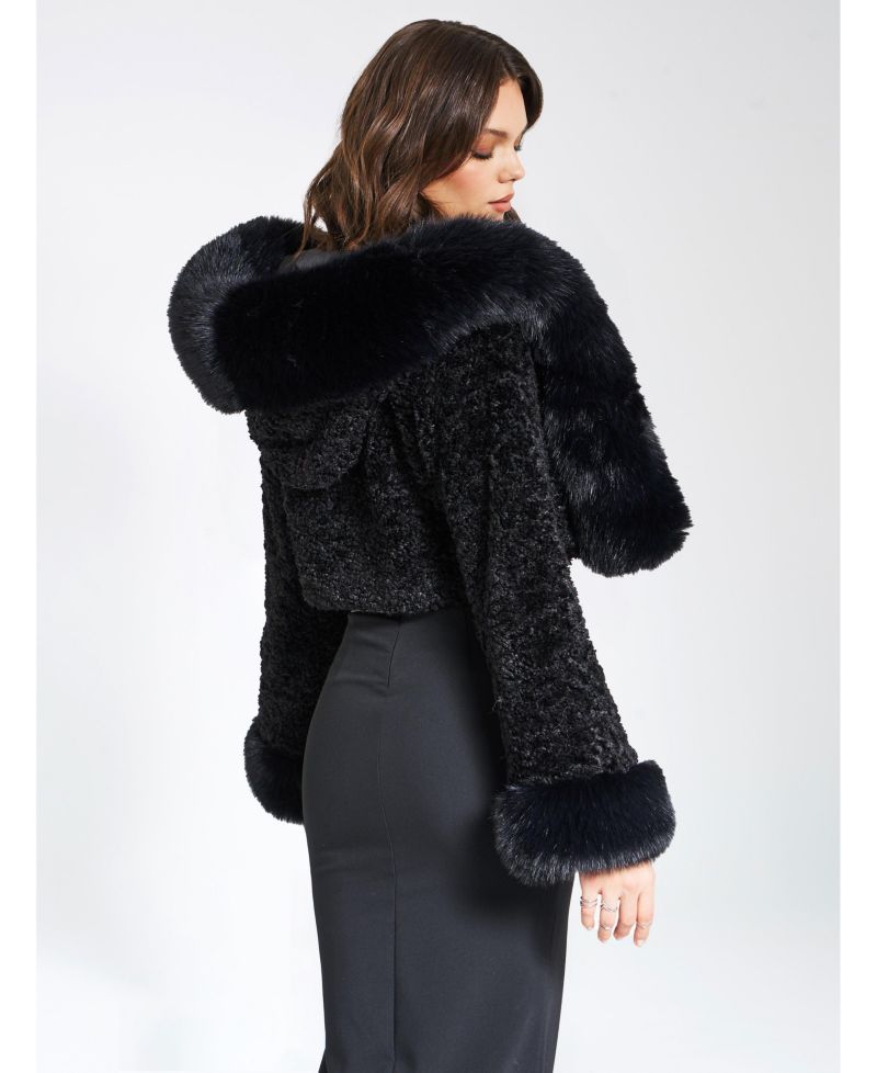 Women's Kali Black Cropped Faux Fur Jacket With Hood