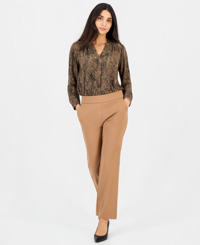 Petite Long-Sleeve Split-Neck Yoke Blouse