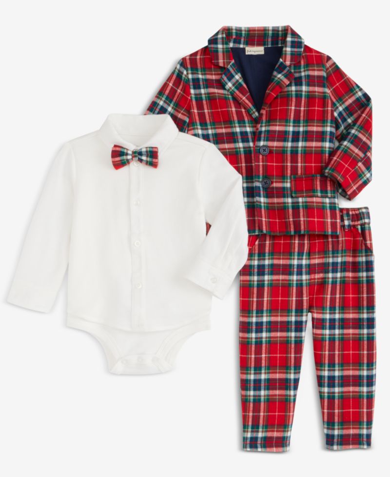 Baby Boys 3-Pc. North Pole Bowtie, Bodysuit & Plaid Pants Set