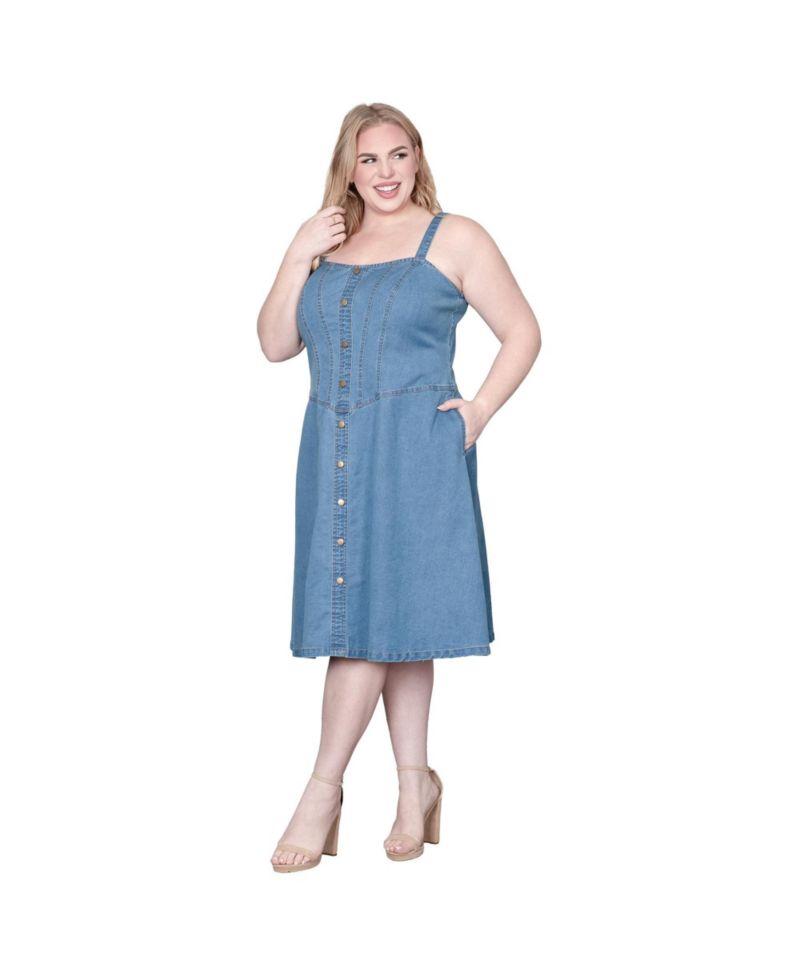 Women's Denim Square Neck Sleeveless Midi Dress
