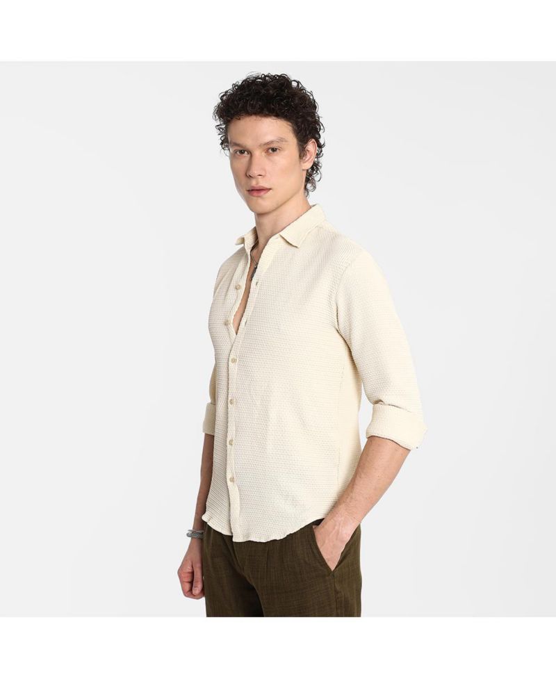 Men's Ivory White Weave-Textured Shirt
