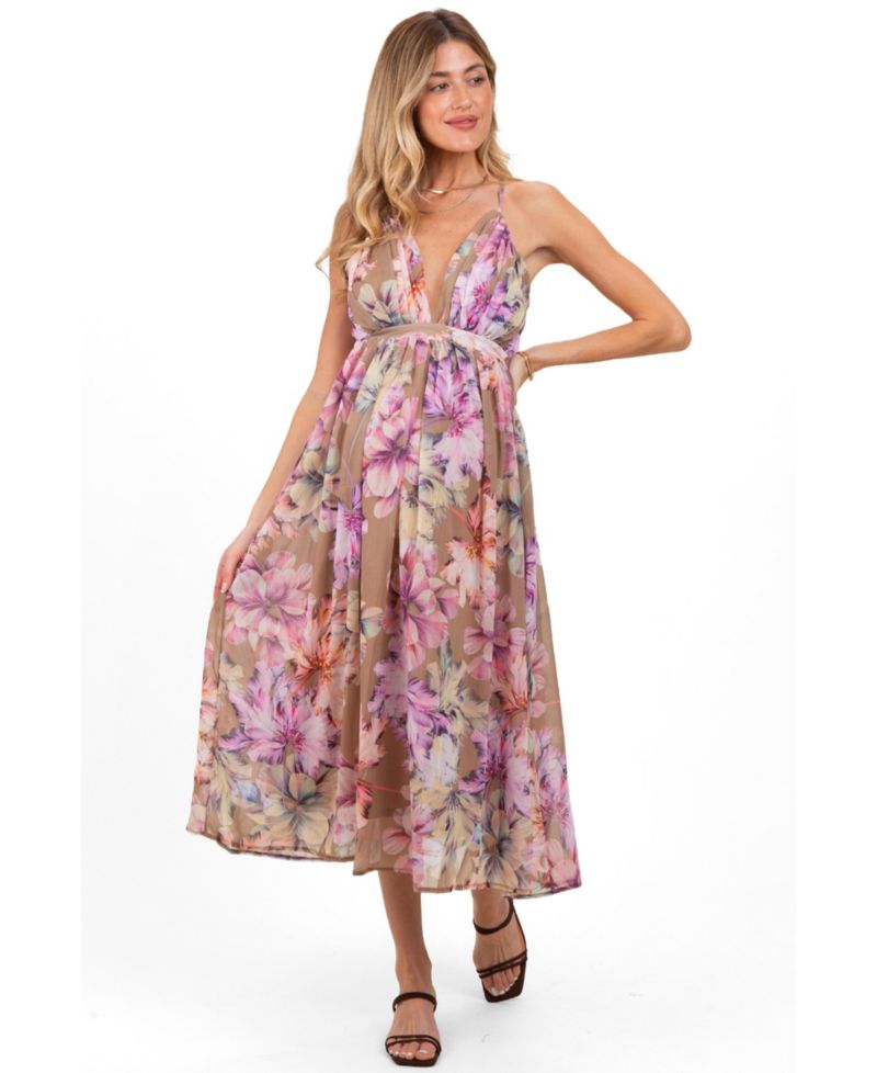 Women's Tan Floral Open Back Midi Dress