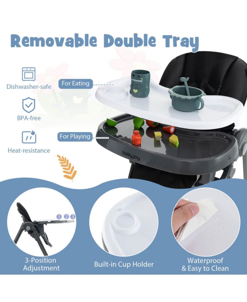 Baby High Chair w/ 7 Height and 3 Footrest Adjustable Cup holder 2 Wheels