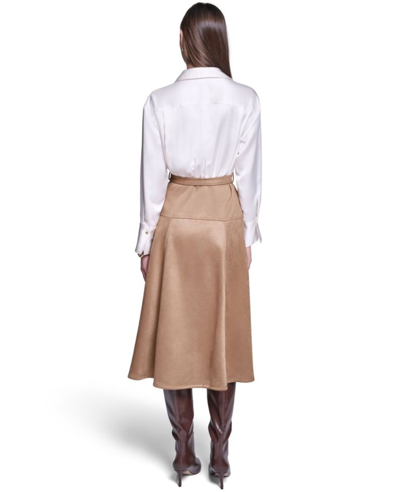 Women's Colorblock A-Line Long-Sleeve Satin & Suede Midi Shirt Dress