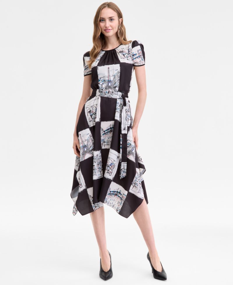 Women's Scarf-Print Handkerchief-Hem Midi Dress