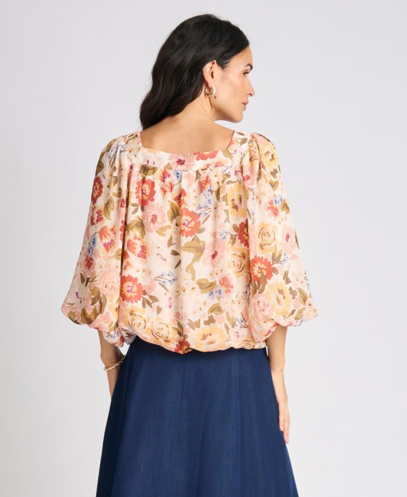 Women's Square-Neck 3/4-Sleeve Floral Blouse