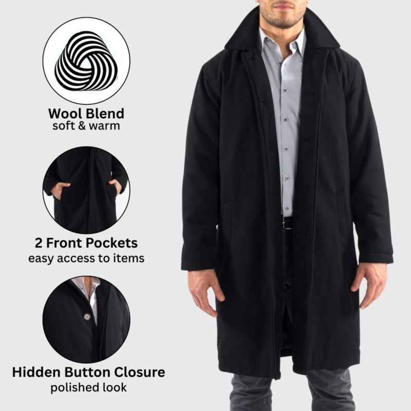Men's Zach Men s Wool Blend Overcoat - Knee-Length Trench Coat, Runs Large for Layering Over Suits or Sweaters