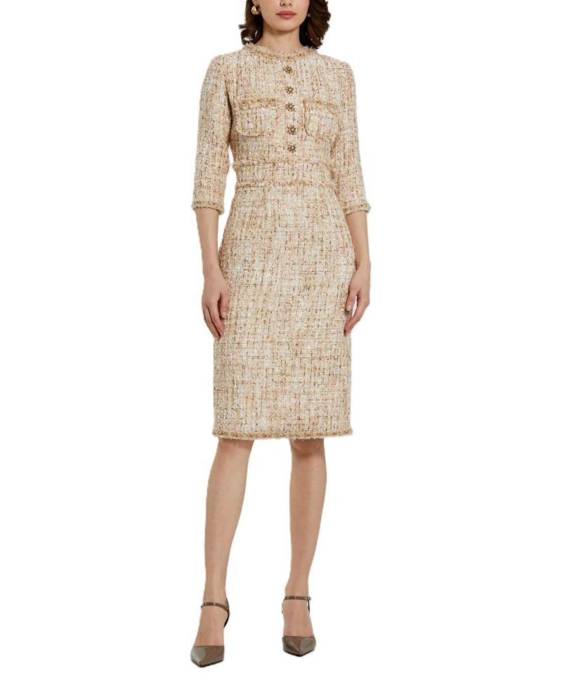 Women's 3/4 Sleeve Beaded Trim Patch Pocket Dress