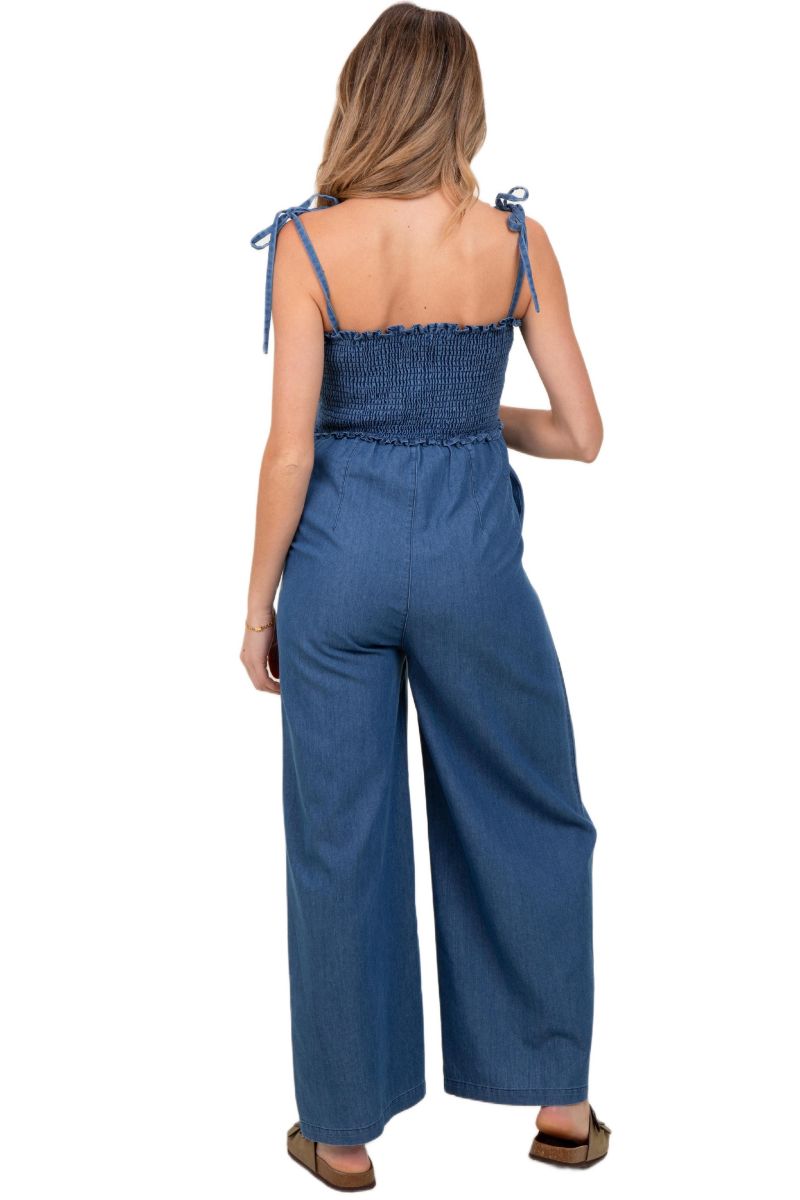 Women's Chambray Shoulder Tie Smocked Jumpsuit