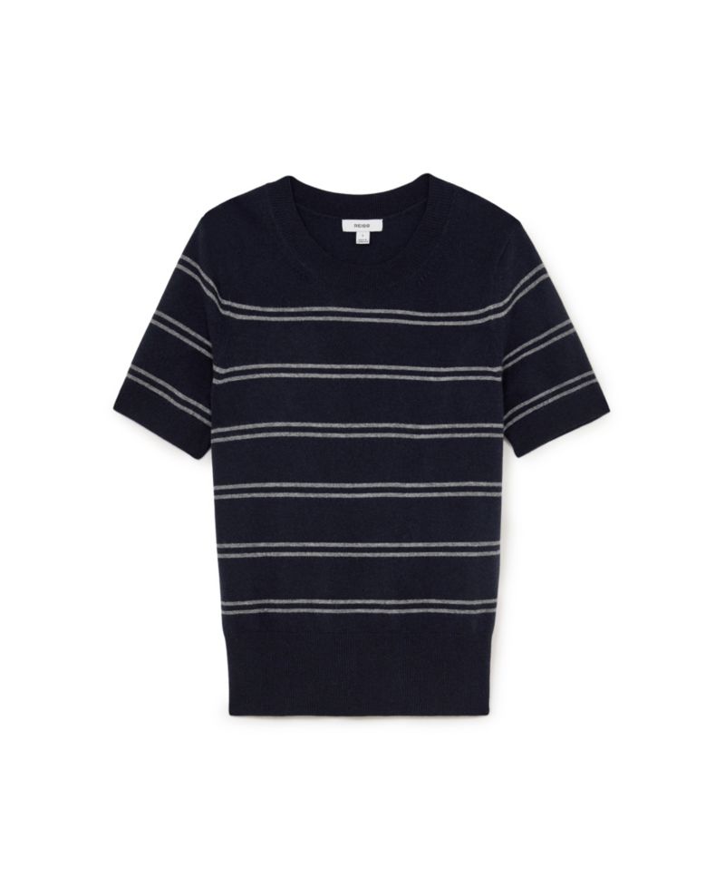 Women's Sabrina Striped Crewneck Short-Sleeve Wool-Blend Knit Top