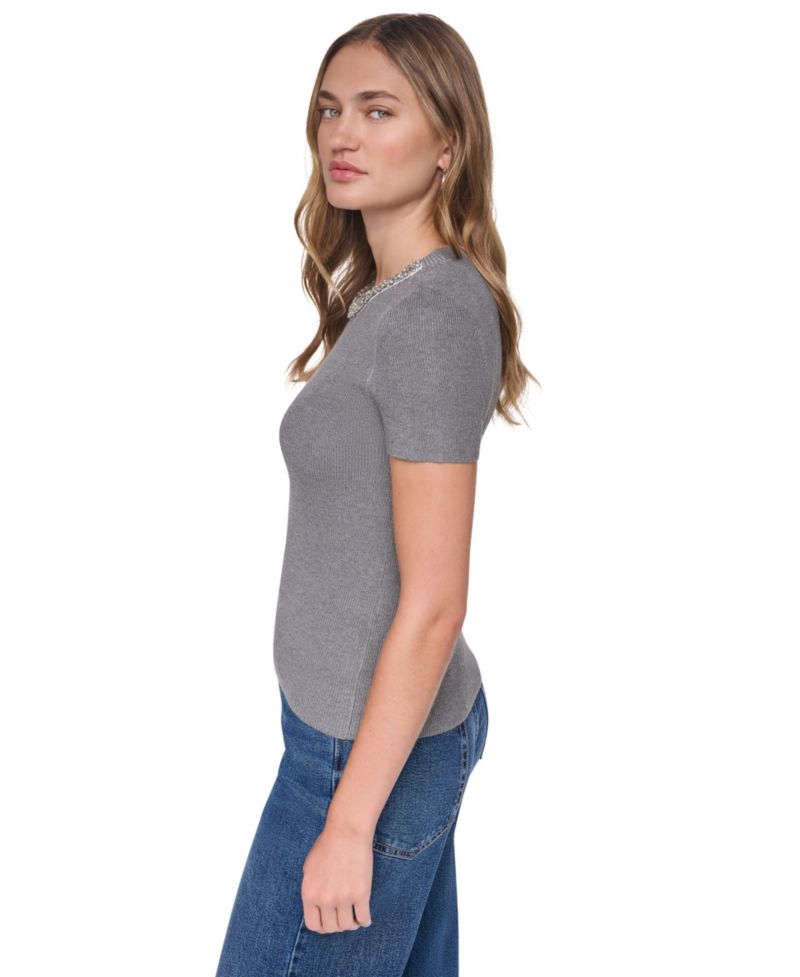 Women's Embellished Ribbed-Knit Short-Sleeve Crewneck Sweater