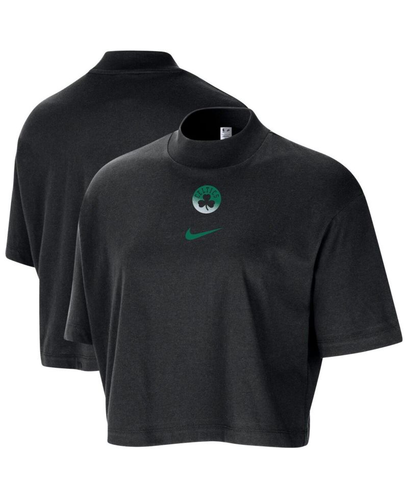Women's Black Boston Celtics Courtside Mock Neck Loose Fit Cropped T-Shirt