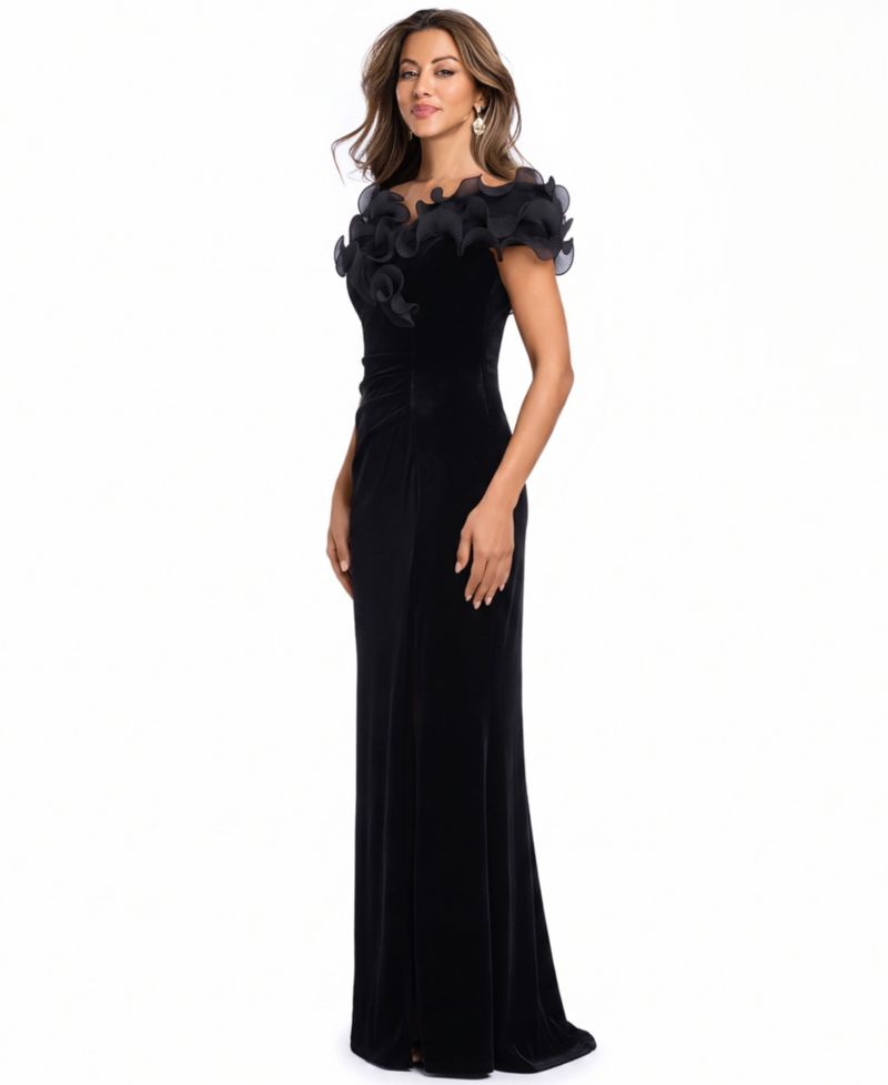 Women's Velvet Off-the-Shoulder Ruffled Long Gown