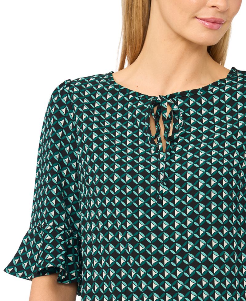 Women's Split-Tie-Neck 3/4-Sleeve Ruffle-Cuff Blouse