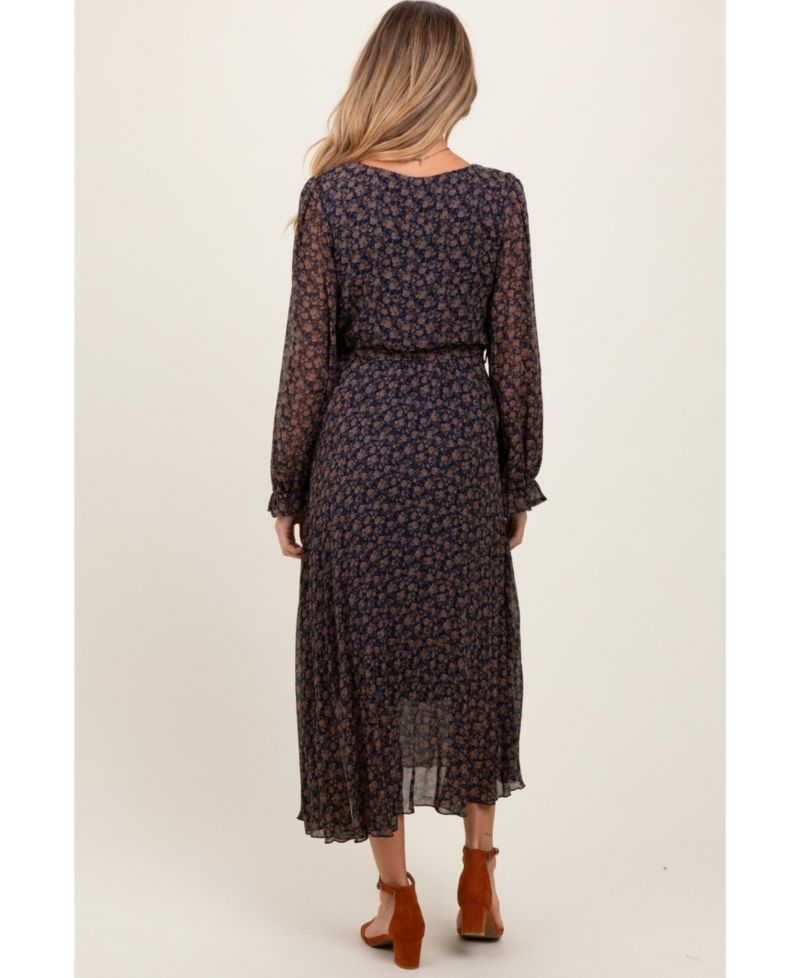 Women's Navy Blue Floral Front Tie Pleated Midi Dress