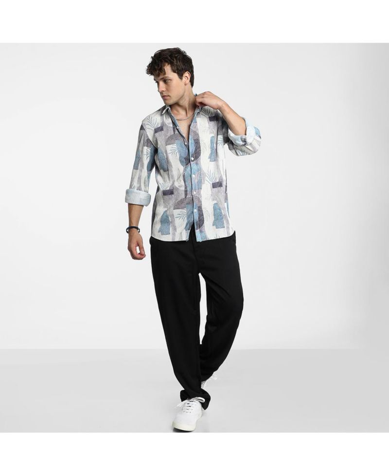 Men's Icy Blue & Ivory White Twig-Block Shirt