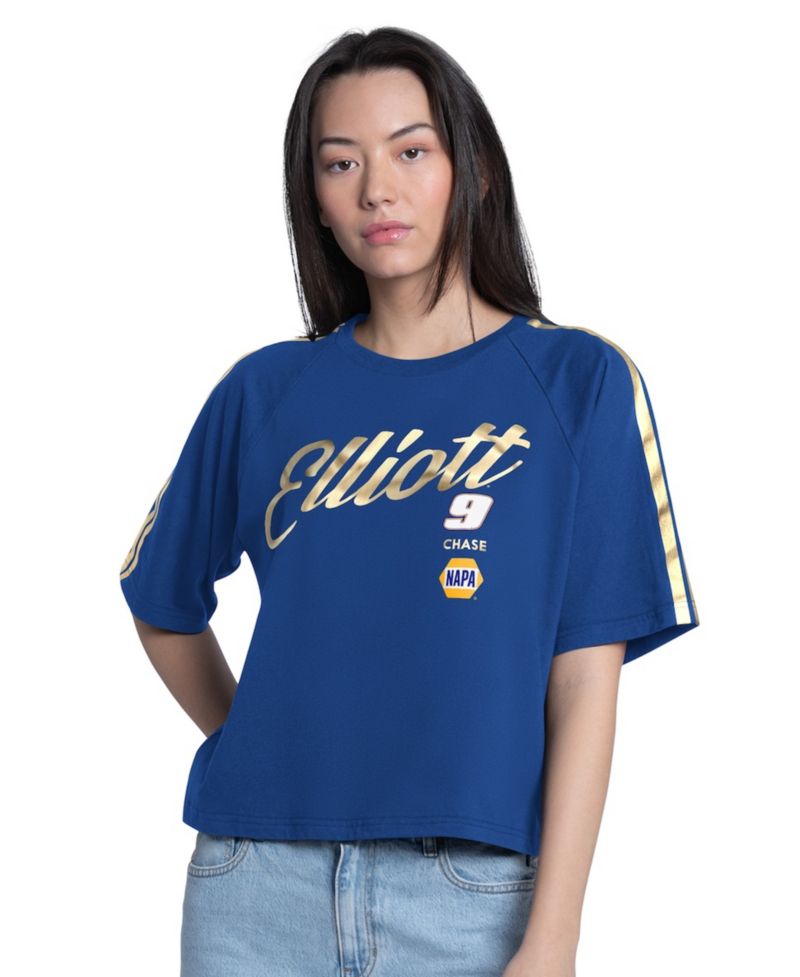 Women's Royal Chase Elliott Cropped Classic Play Gold Trim Raglan T-Shirt