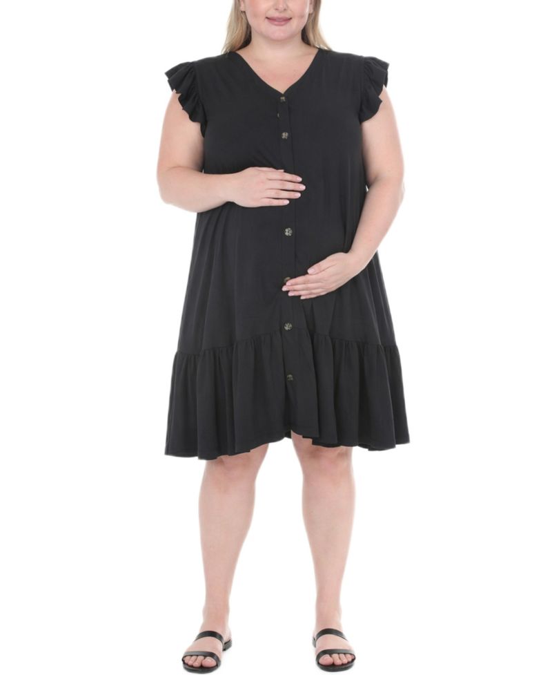 Plus Size Flutter-Sleeve Button-Front Tiered Maternity Dress