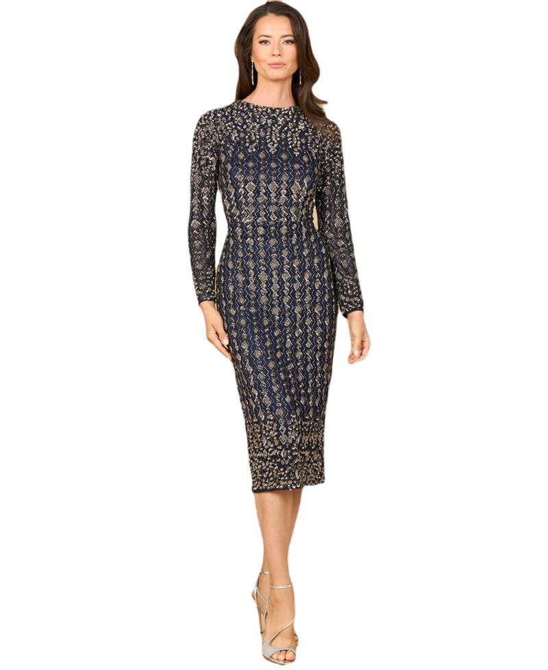Women's Beaded Midi Dress with Long Sleeves
