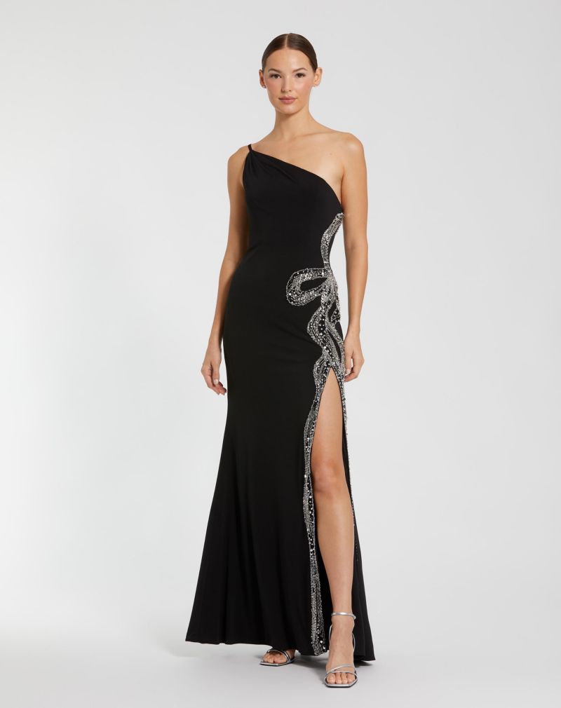Women's One Shoulder Jersey Gown With Embellished Cut Out