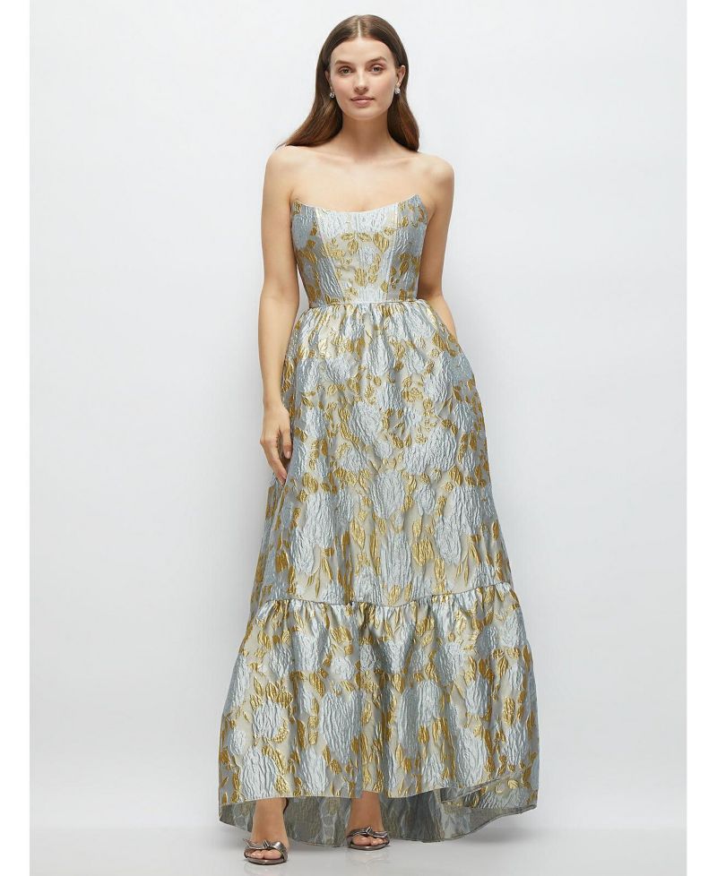 Women's Strapless Cat-Eye Boned Bodice Brocade High-Low Dress