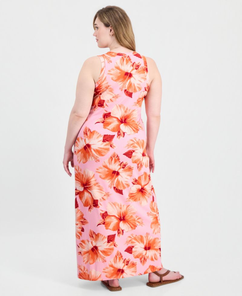 Trendy Plus Size Printed Ribbed Knit Sleeveless Maxi Dress