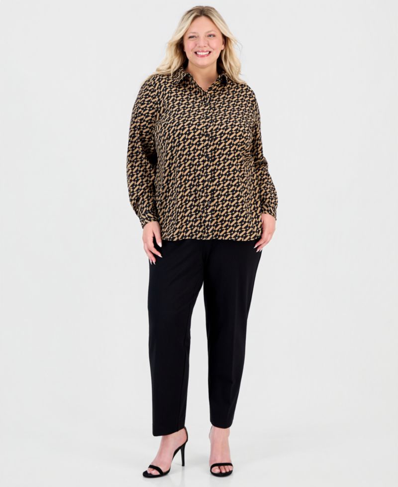 Plus Size Geometric-Print Long-Sleeve Shirt