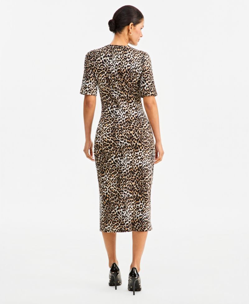 Women's Leopard-Print Front Slit Short-Sleeve Midi Dress