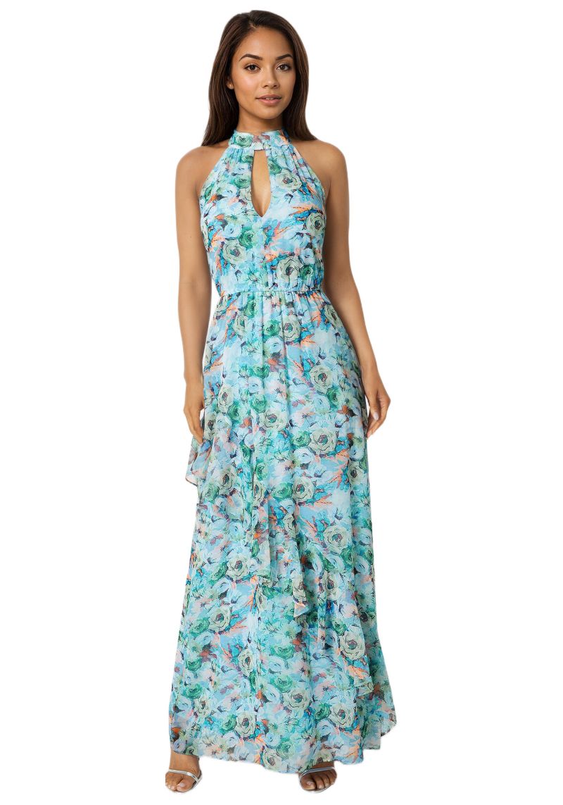 Womens Printed Chiffon Halter Ruffle Dress