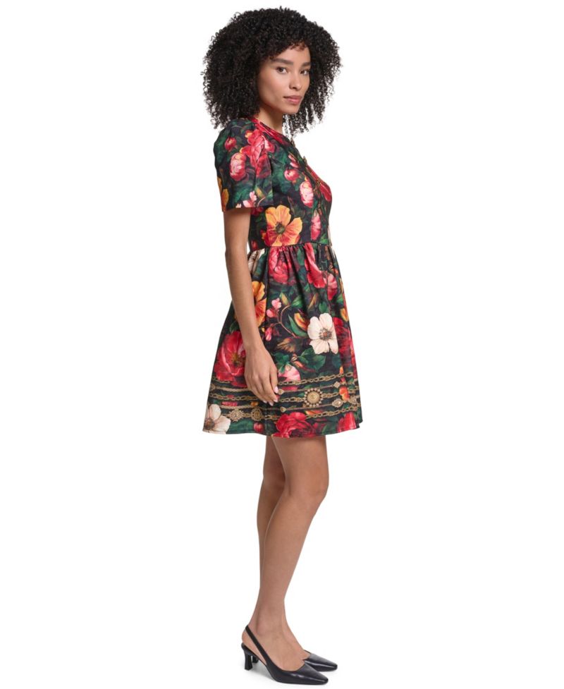 Women's Print Damask Jaquard Fit And Flare Midi Dress