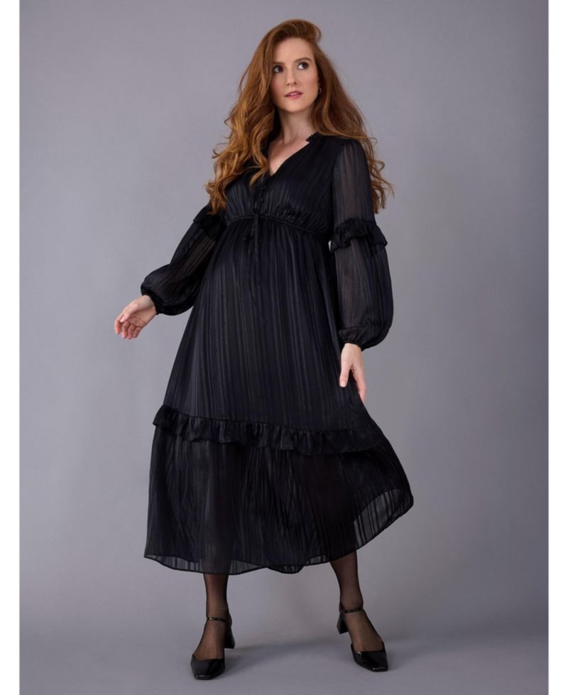 Women's Motherhood V-Neck Long Sleeve Tiered Maxi Dress