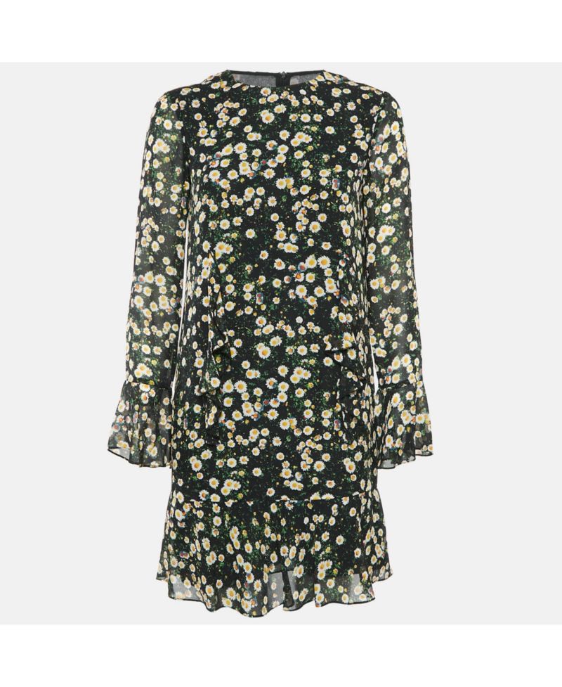 Women's Cheap And Chic Black Floral Print Silk Ruffled Mini Dress