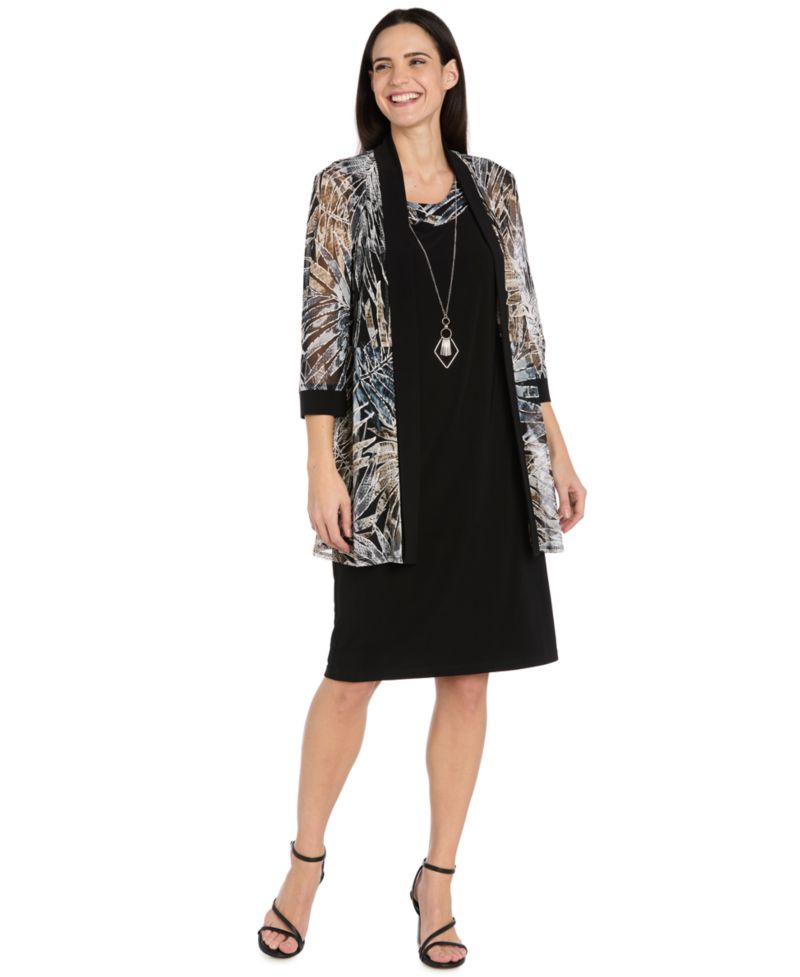 Petites Printed A-Line Scoop Neck 2-Piece Dress and Jacket Set