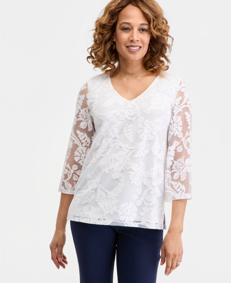 Women's 3/4-Sleeve Allover Burnout V-Neck Top