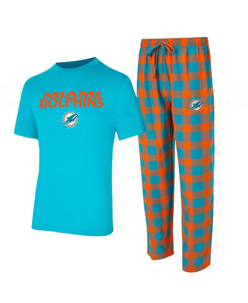 Men's 2-Piece Aqua/Orange Miami Dolphins Big & Tall Avondale T-Shirt and Flannel Pants Sleep Set