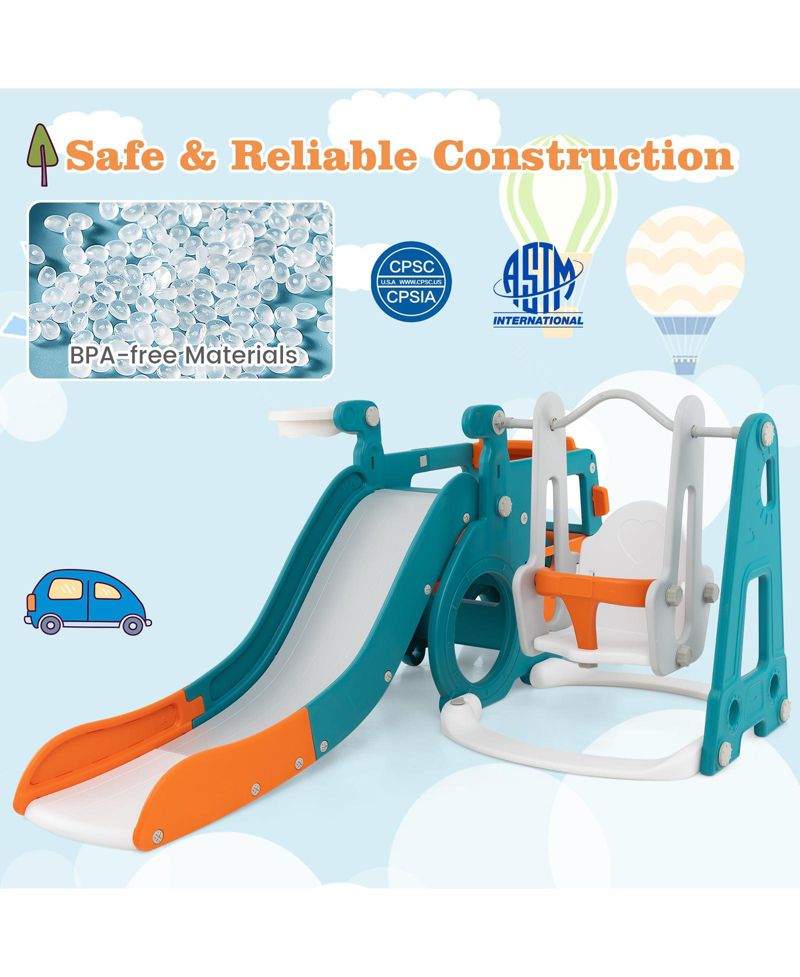 Kids' 5-in-1 Slide and Swing Set with Mini Bus and Basketball Hoop